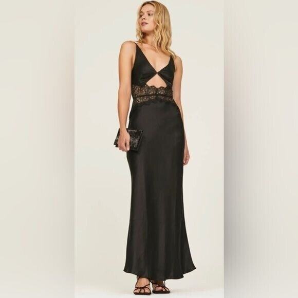 RTR Bec & BridgeCamille Gown Black sz 10 Prom Satin Lace Form Fit cut out long